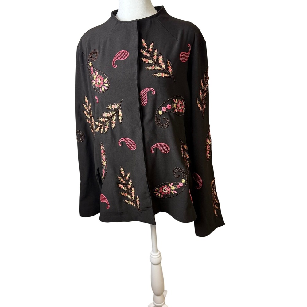 Ann Trinity Black‎ Button Up Jacket Sz XL Beaded Floral Embroidered Paisley